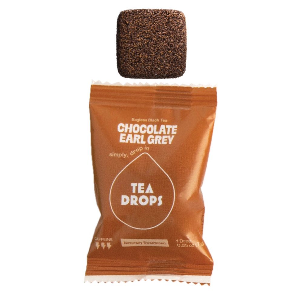 Chocolate Earl Grey tea drop with packaging on a white background