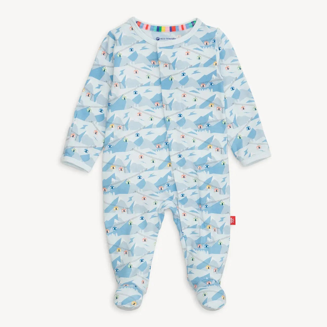 Baby onesie with blue whale pattern on a white background