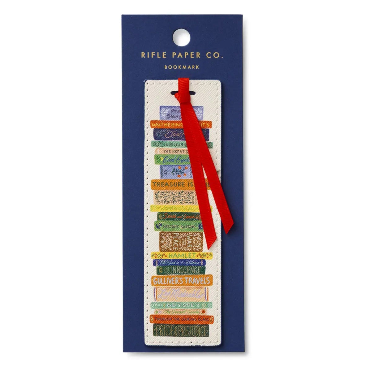 Colorful bookmark with text on a blue card with Rifle Paper Co. branding