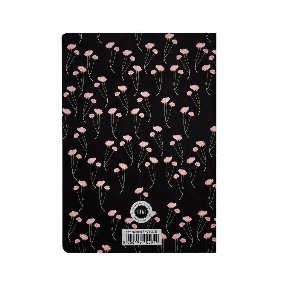 Notebook with pink floral pattern on a black cover