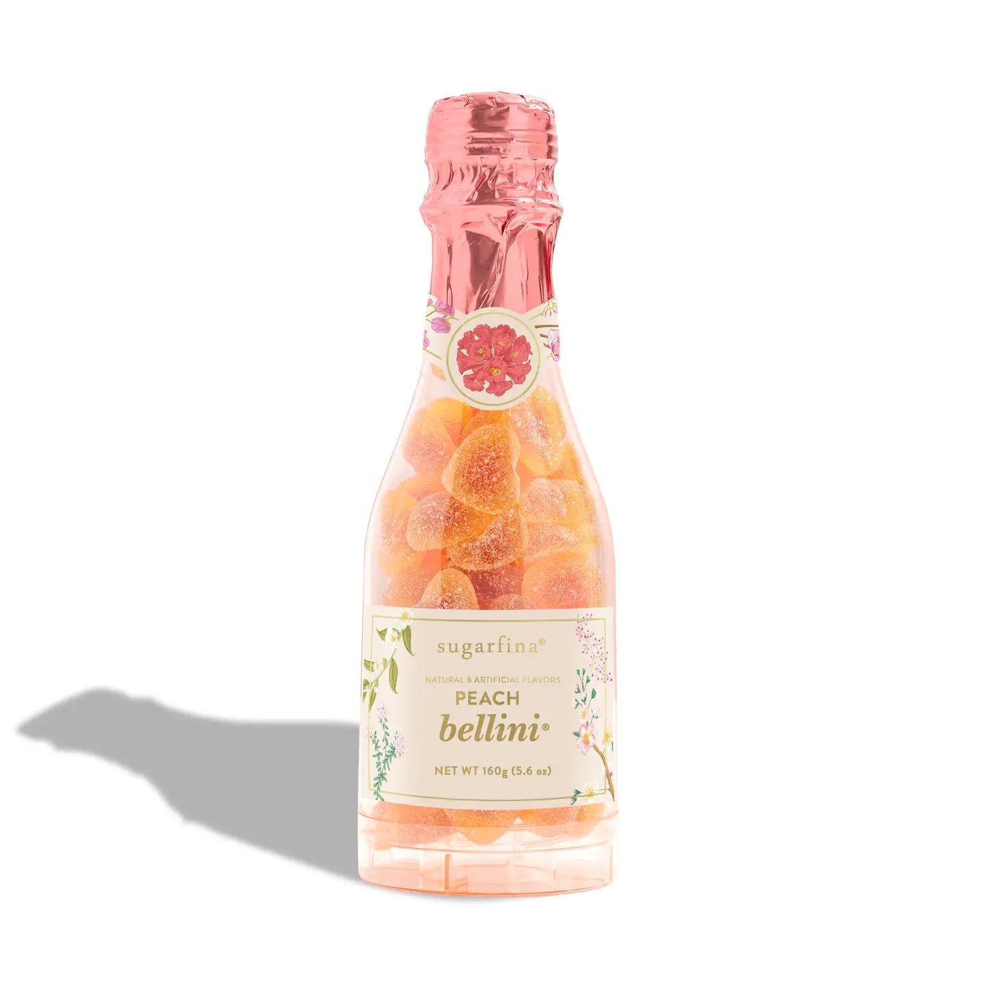 Bottle of sugarfina Peach Bellini on a white background