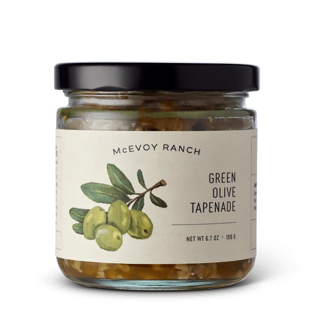 Jar of Meevoy Ranch Green Olive Tapenade on a white background