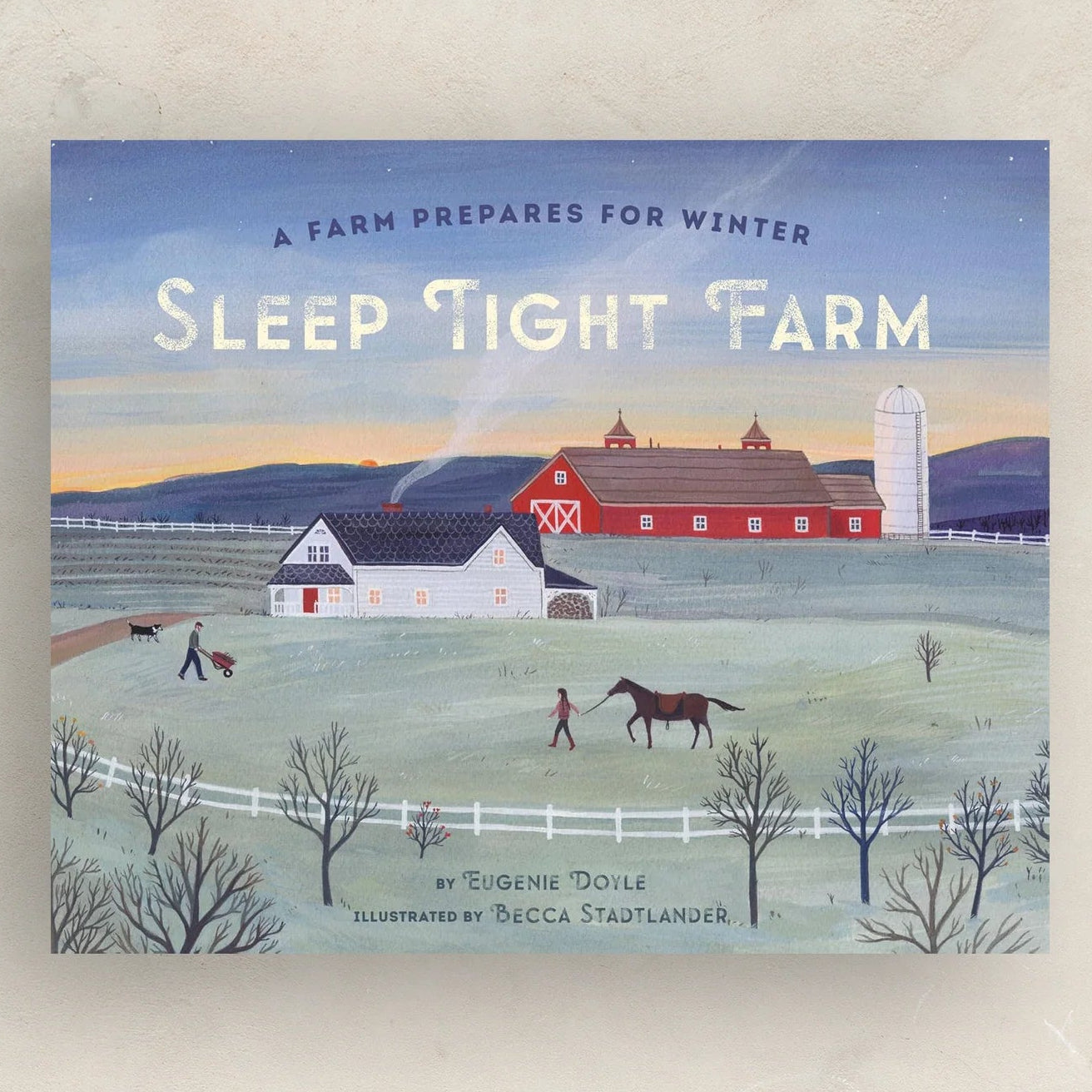 Book cover of 'Sleep Tight Farm' with a farm scene illustration on a beige background