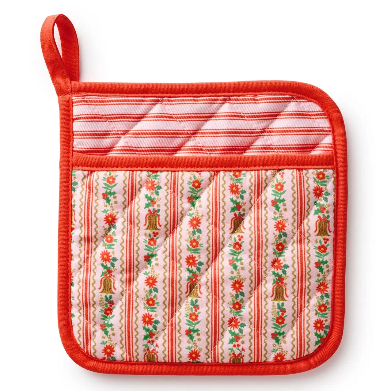 Potholder with red border and floral pattern on a white background