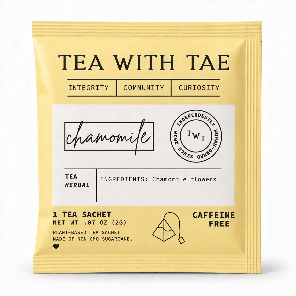A single tea sachet package for 'Tea With Tae' Chamomile herbal tea, shown on a clean white background. The packaging is a pale yellow color with black text and a white central label area.