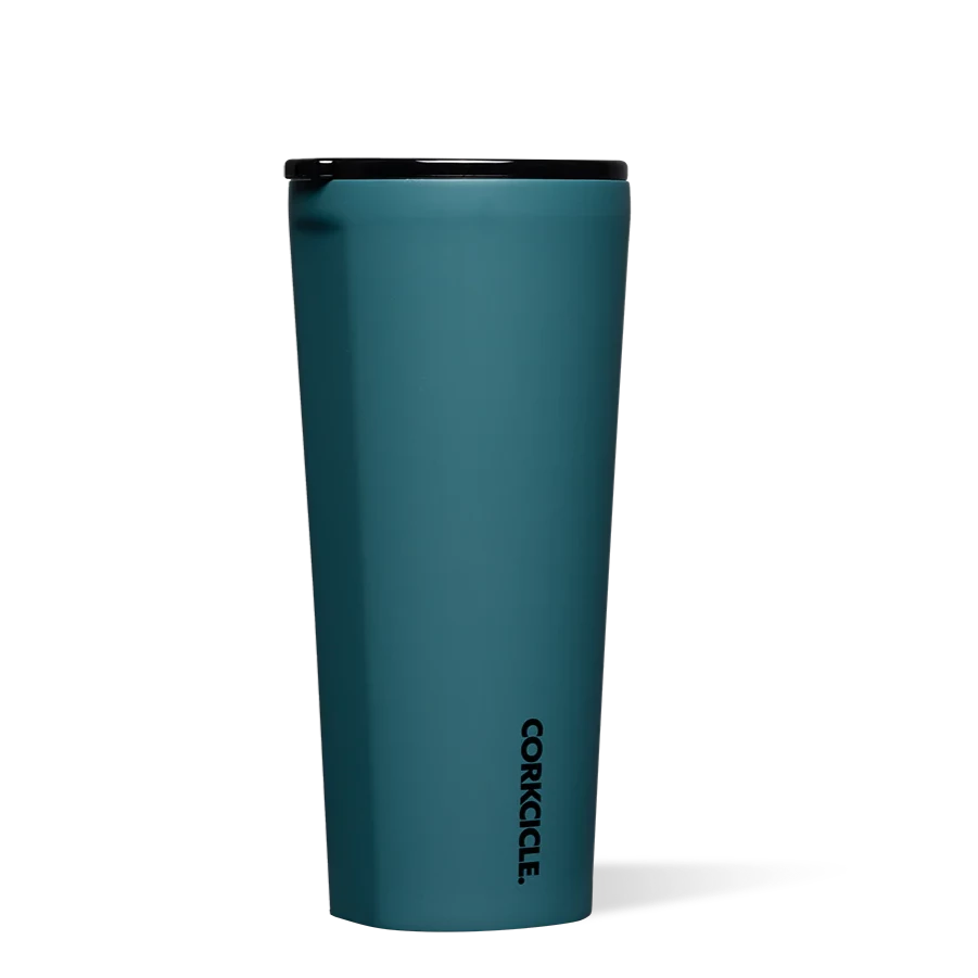 teal tumbler with black text at the bottom. text reads "corkcicle". Lid is also black
