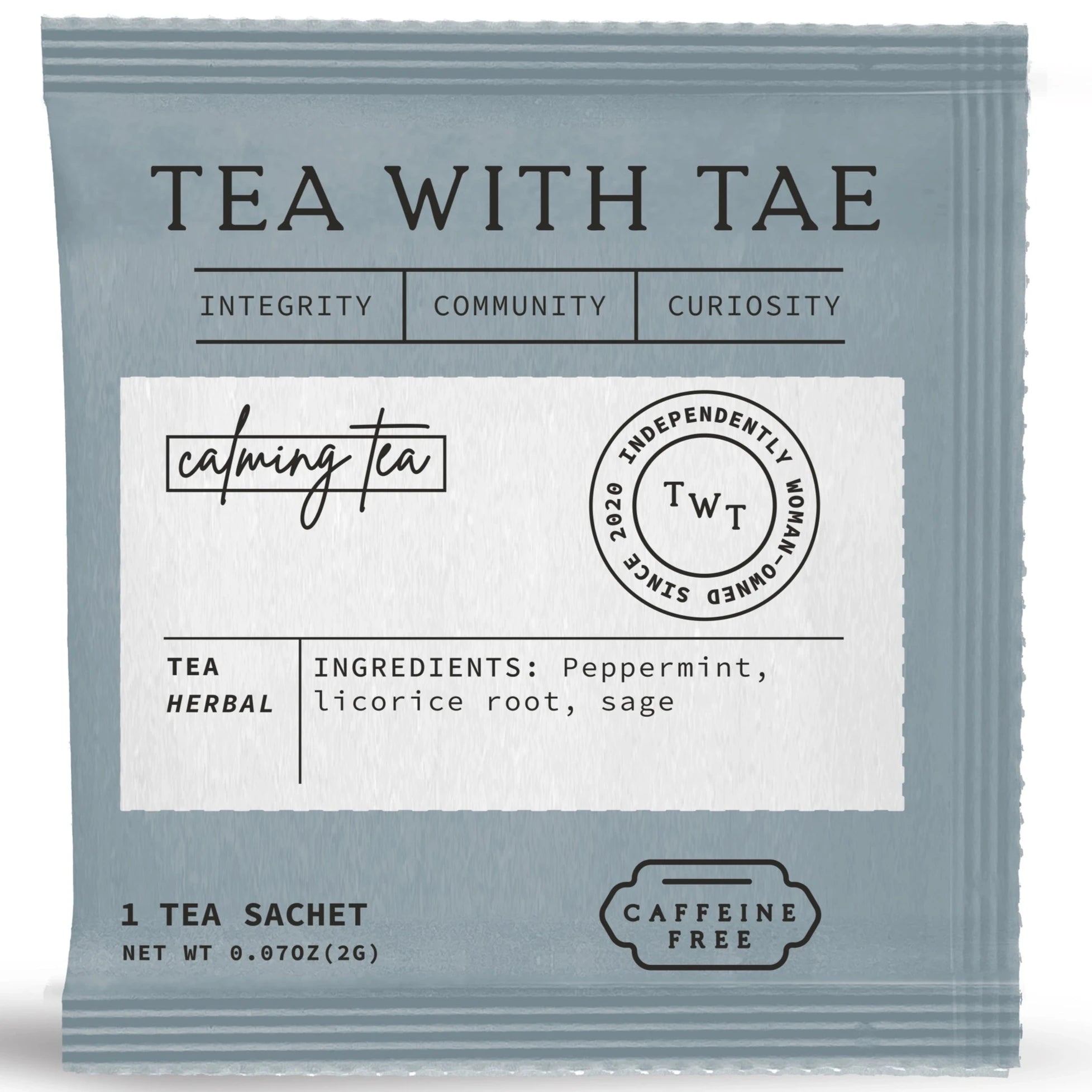 blue tea sachet by TEA WITH TAE. label says integrity, community, curiosity. the tea ingredients are also visible: peppermint, licorice root, sage. caffeine free. 0.07 oz. 