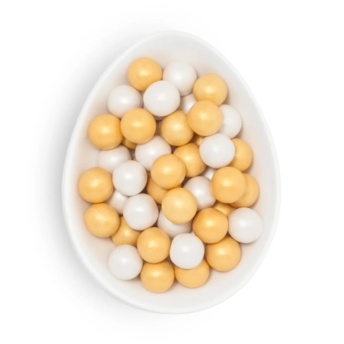 White bowl filled with yellow and white round balls on a white background