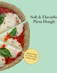 Sliced pizza with text 'Soft & Flavorful Pizza Dough' and 'Grain Free, Gluten Free, Dairy Free' on a light green background.