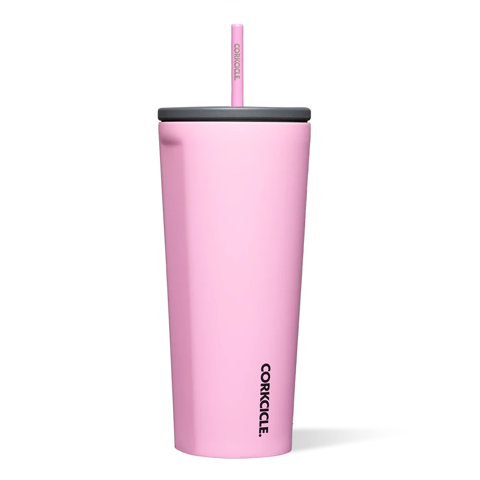 pink tumbler with black corkcicle logo at the bottom. Straw is pink and lid is dark gray