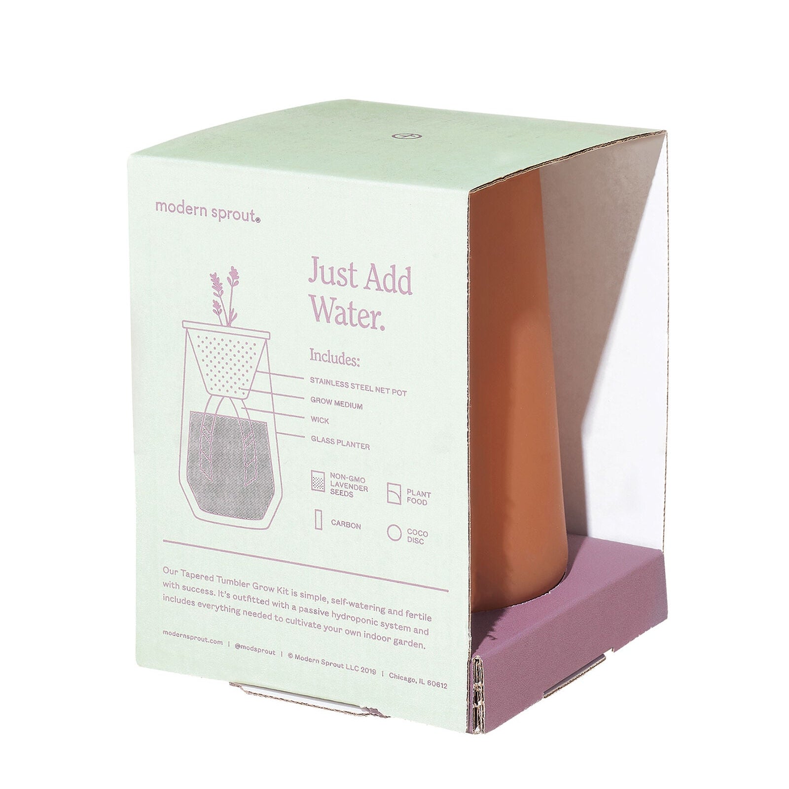 A terracotta-colored Modern Sprout water filter bottle inside its mint green and purple cardboard packaging, shown on a white background.