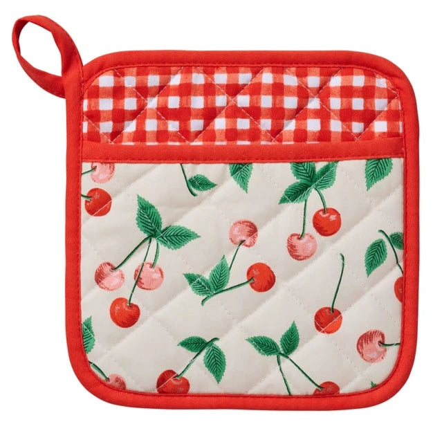 A front-facing view of the pot holder, showcasing the quilted cherry design on the main section and a red and white gingham pocket for easy grip or storage.