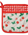 A front-facing view of the pot holder, showcasing the quilted cherry design on the main section and a red and white gingham pocket for easy grip or storage.