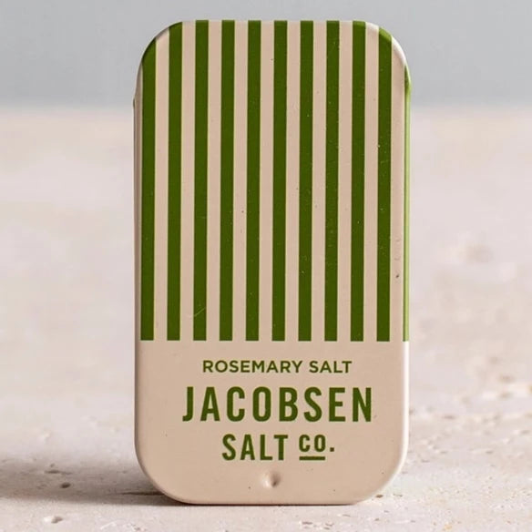 beige and green stripped mini sea salt tin