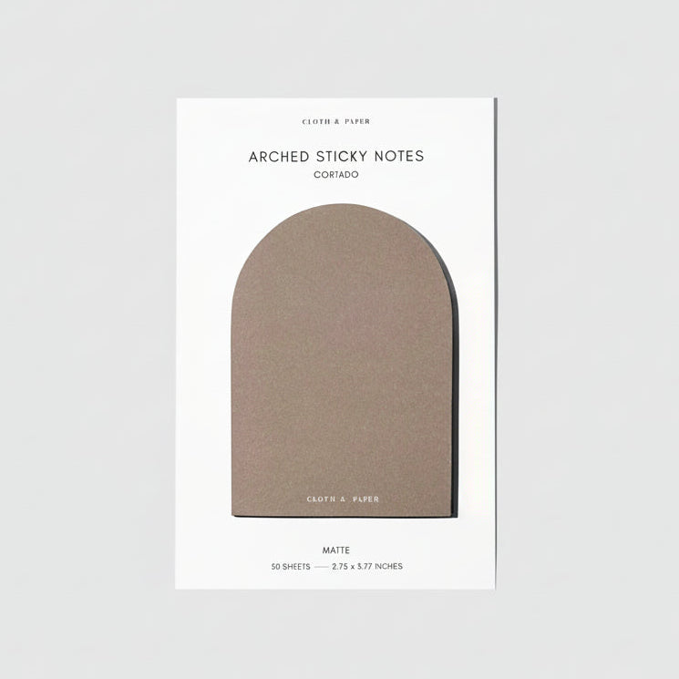 Arched sticky notes packaging with 'Cloth &amp; Paper' branding on a light gray background