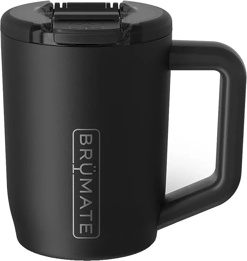 Black insulated mug with handle and Brumate logo on a white background