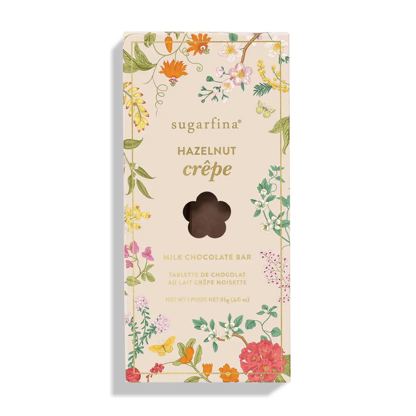 sugarfina Hazelnut Creèpe chocolate bar packaging with floral design on a white background