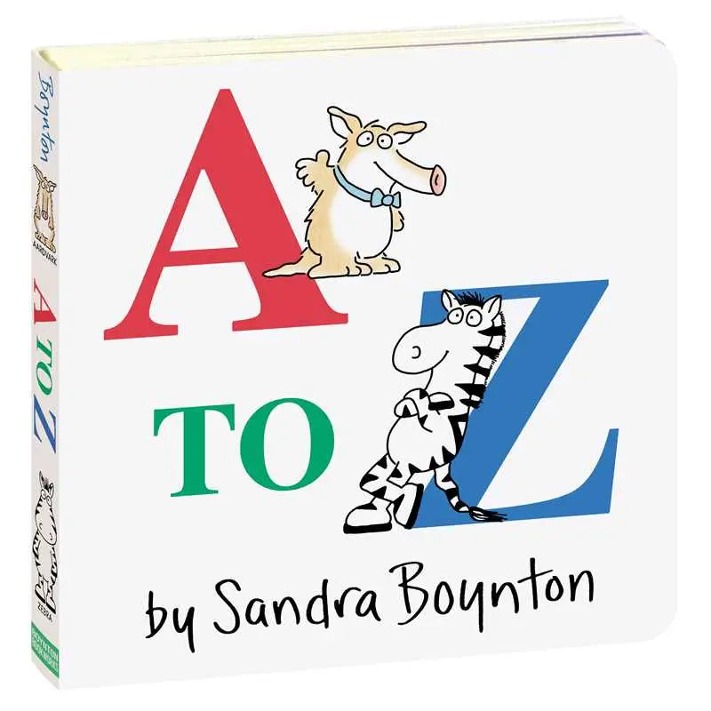 Children's book 'A to Z' by Sandra Boynton with colorful letters and cartoon animals on a white background.