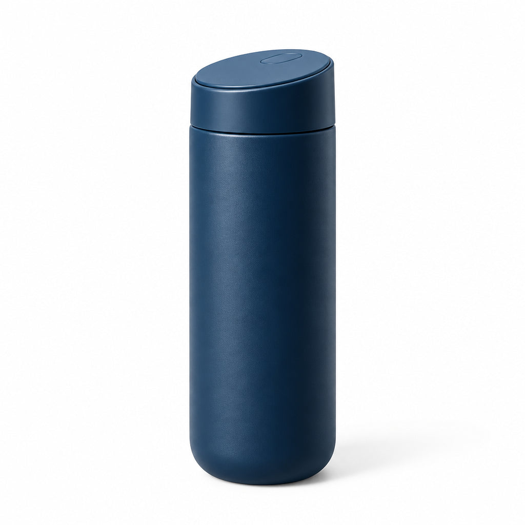 A dark blue matte stainless steel travel tumbler with a matching lid, shown on a white background with feature icons and text reading 16OZ 450ML, SUS 304, Keeps Cold, Keeps Hot, and Vacuum Insulated.