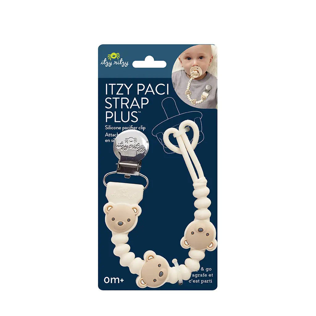 Itzy paci strap plus on blue packaging