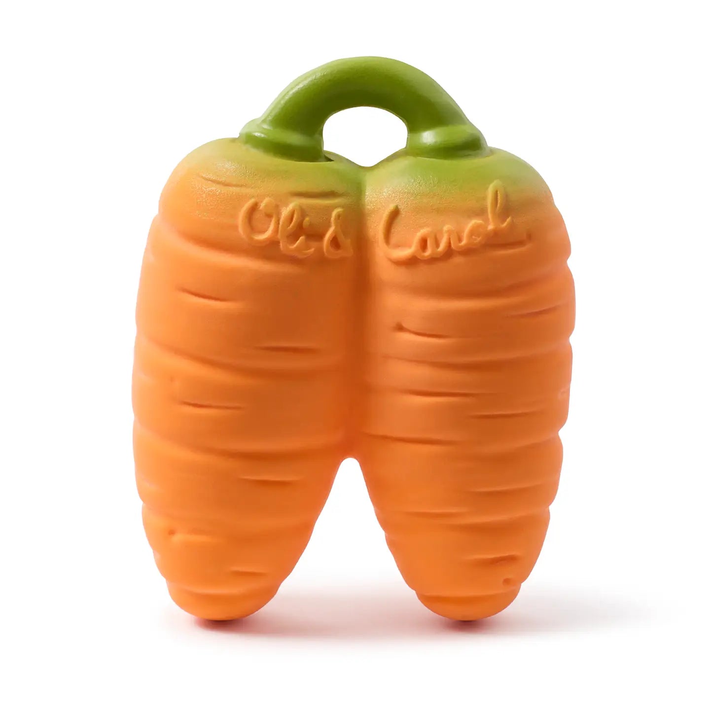 Carrot-shaped toy with a green top on a white background
