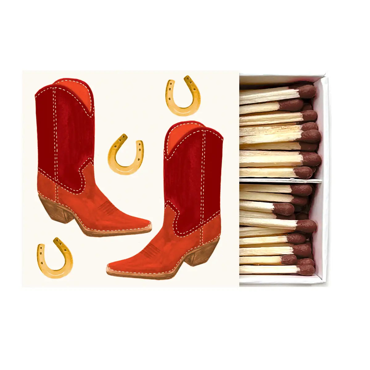 Red cowboy boots and horseshoes on a white background with a box of matches.