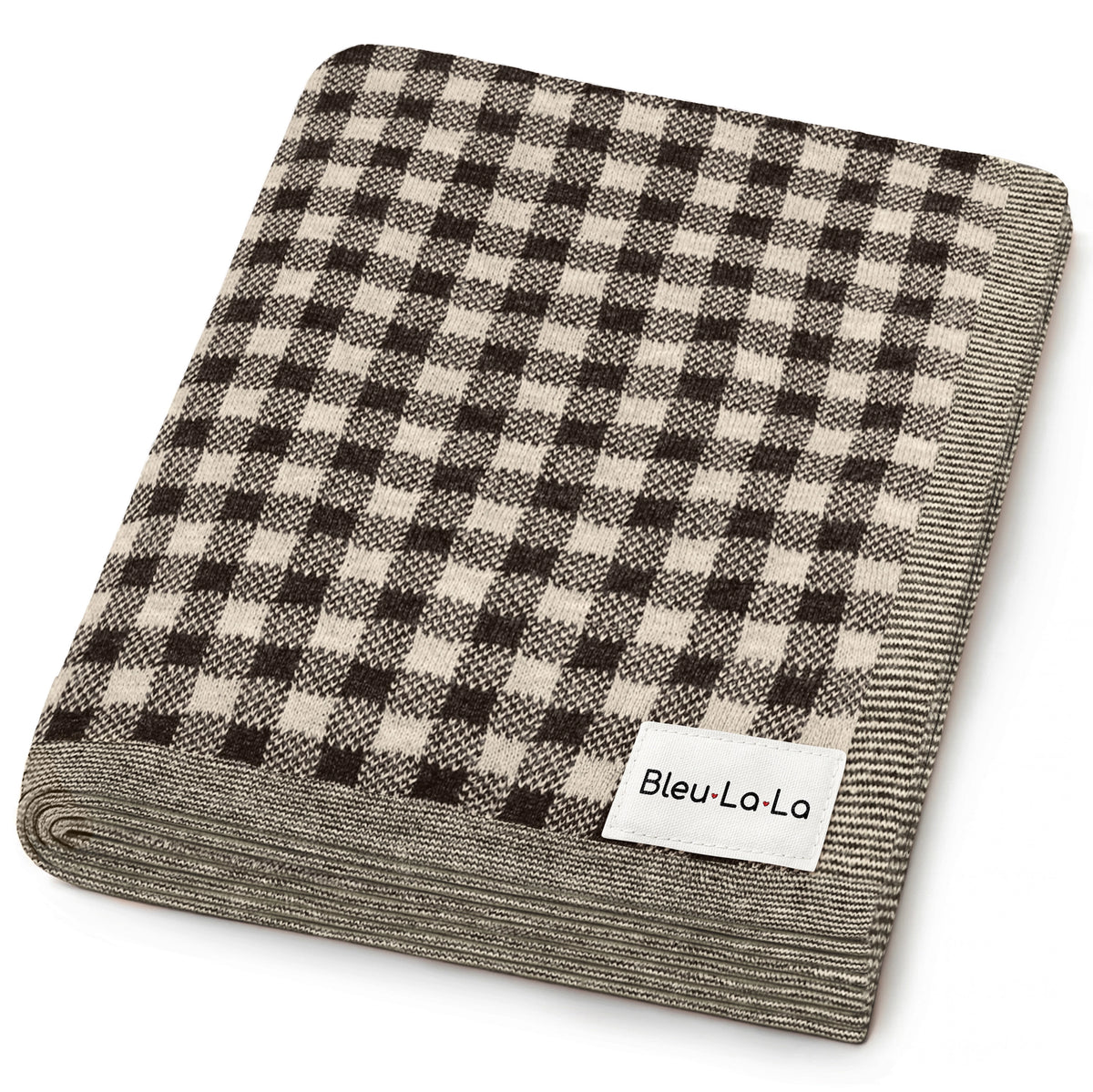 Folded checkered blanket with 'Bleu-La-La' label on a white background