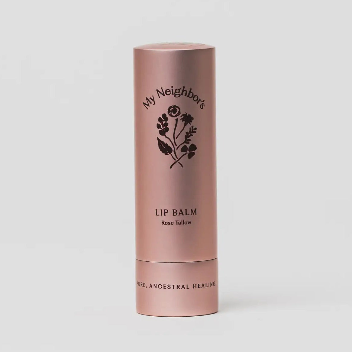Lip balm container with 'My Neighbor's' branding on a light gray background