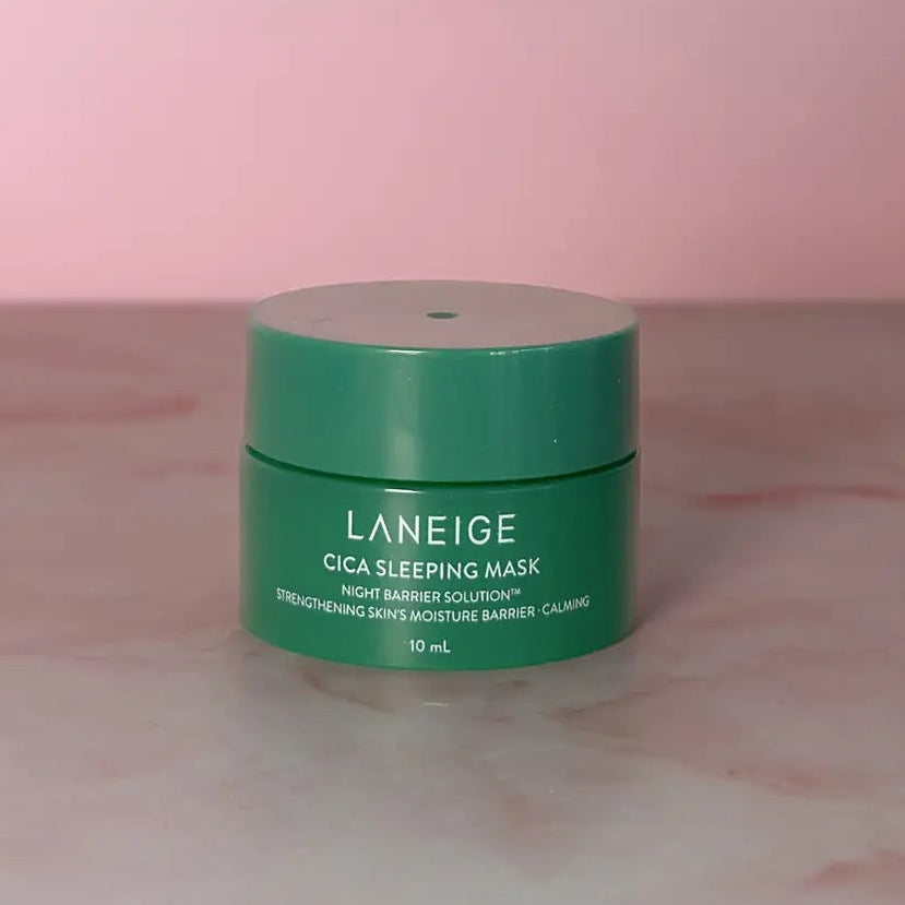 green small circular container that says laneige cica sleeping mask