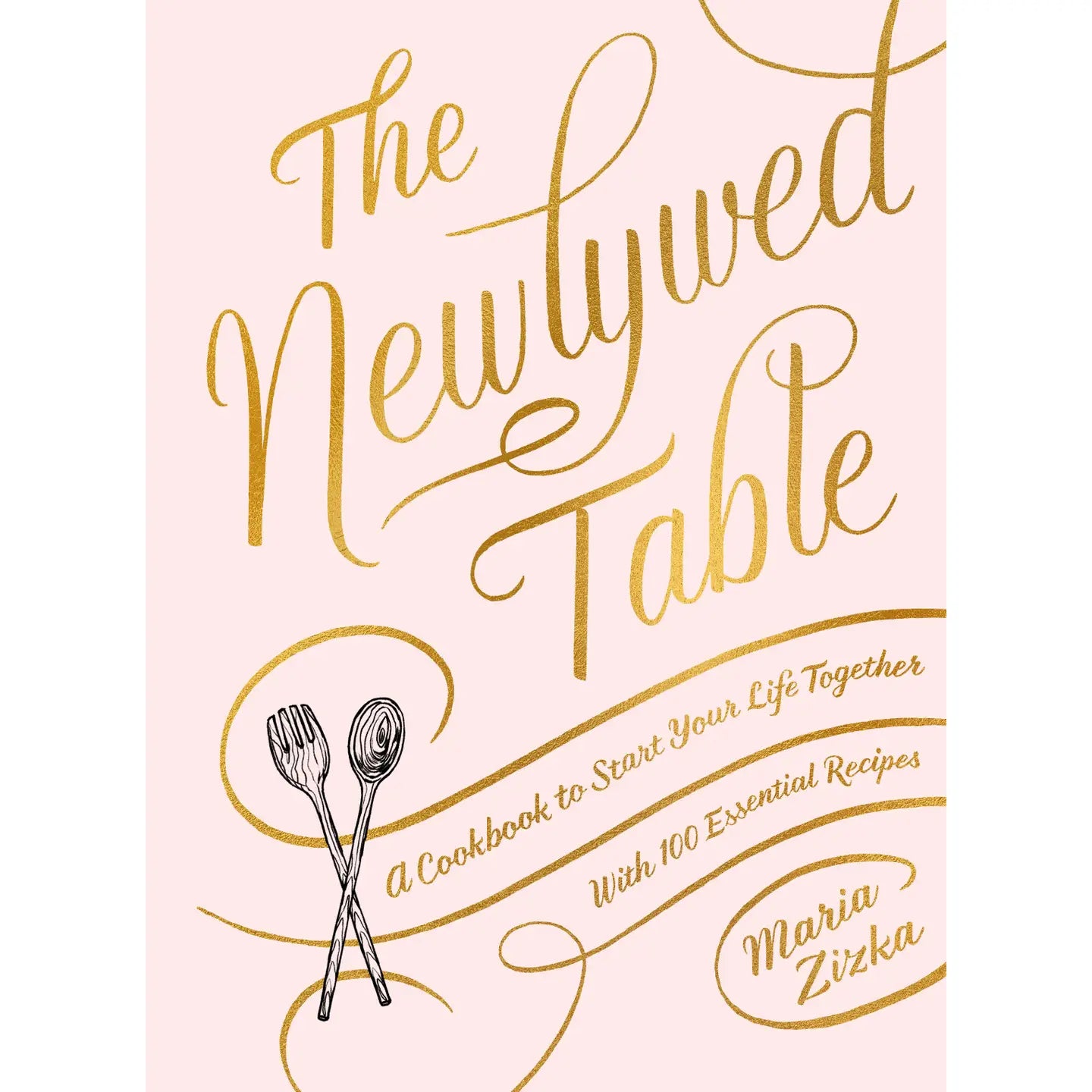 Book cover of 'The Newlywed Table' with gold text and spoon and fork illustration on a pink background