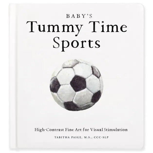 Book cover of 'Baby's Tummy Time Sports' with a soccer ball illustration on a white background.