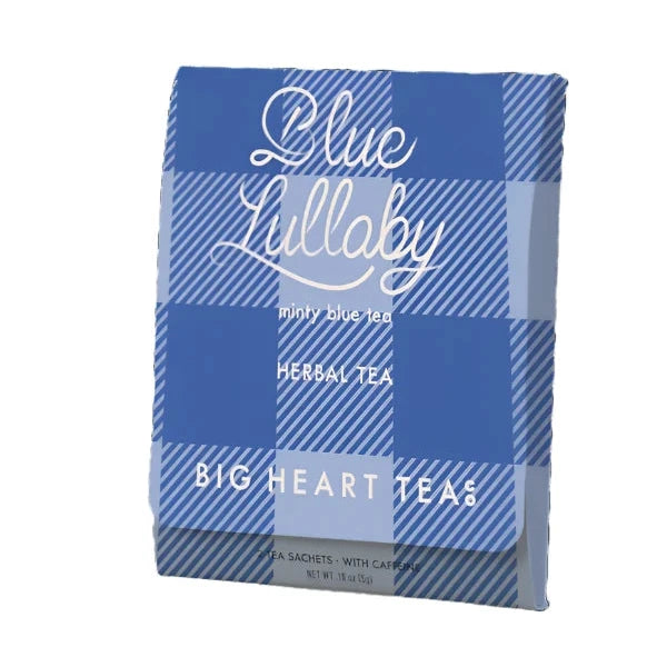 blue and white checkered plaid tea sachet on white packground. package is labeled as minty blue tea herbal tea by big heart tea co. 