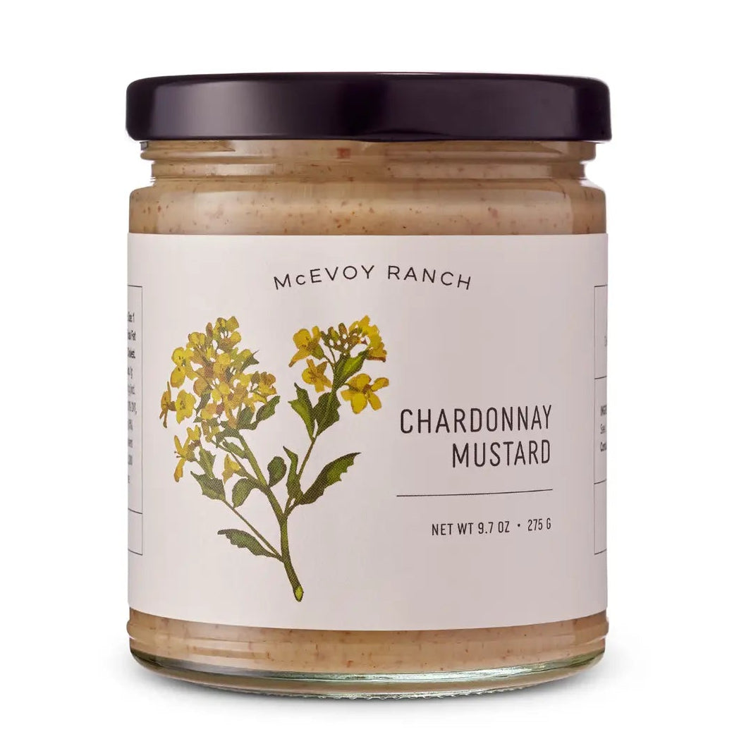 Jar of Mcevoy Ranch Chardonnay Mustard on a white background