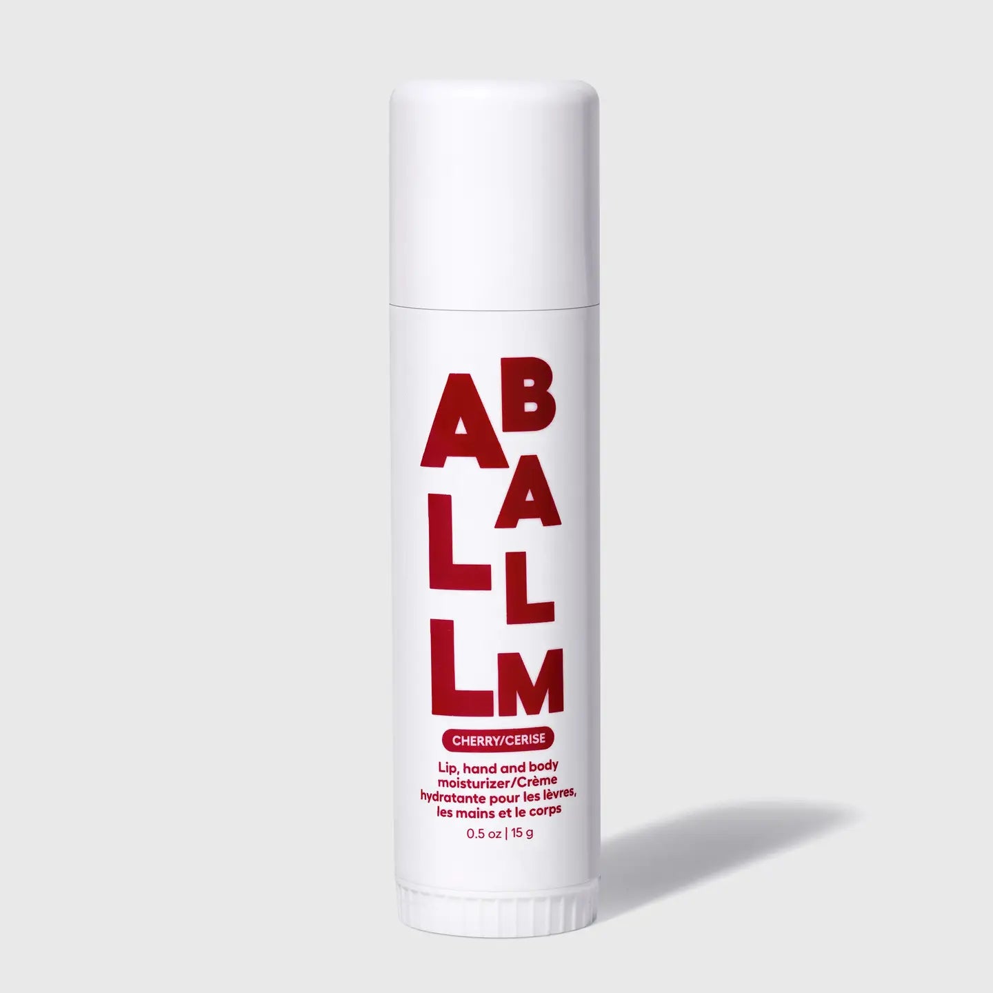 White cylindrical container with red text on a white background