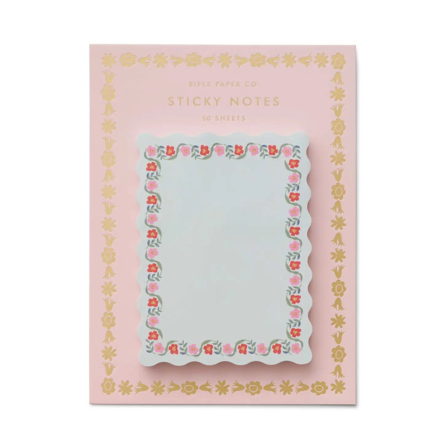 Sticky notes with decorative border on pink packaging