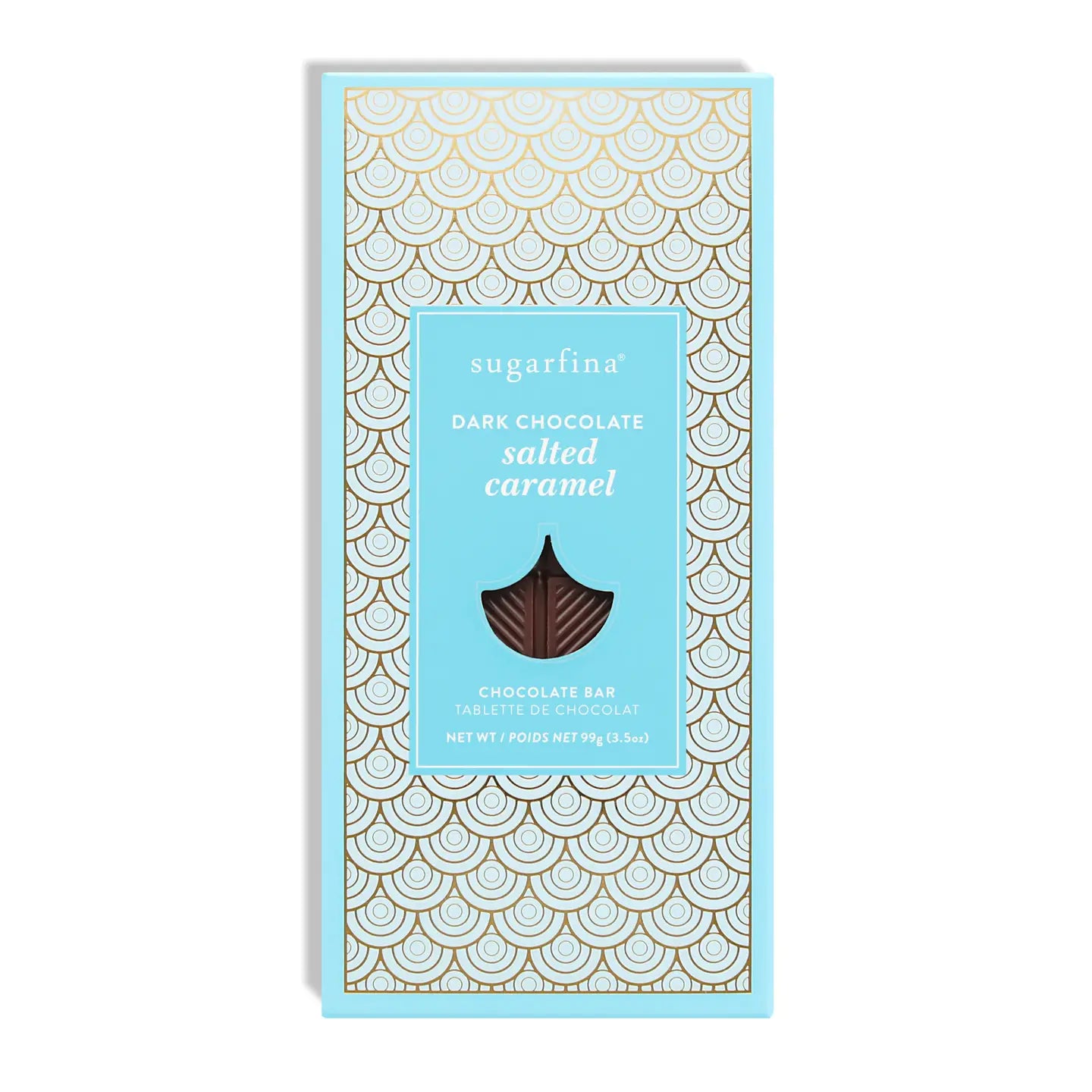 Dark chocolate salted caramel bar packaging with decorative pattern