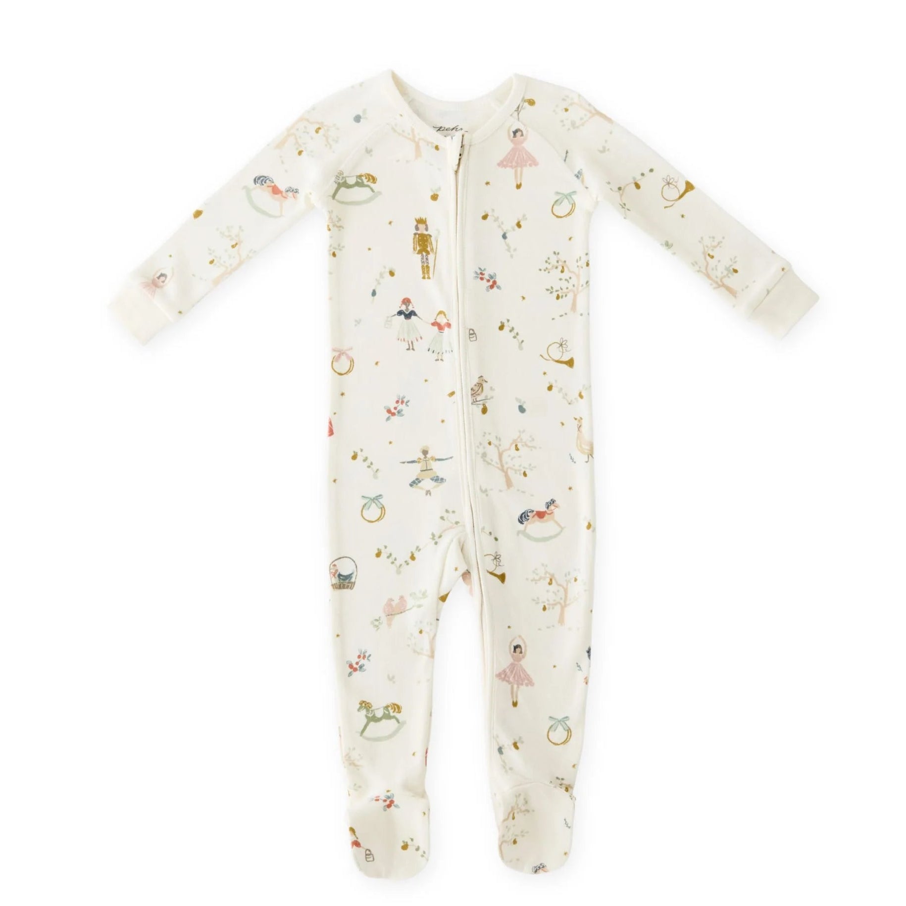 baby long sleeve white jumpsuit with nutcrackers, horse, ballerinas, and other holiday designs