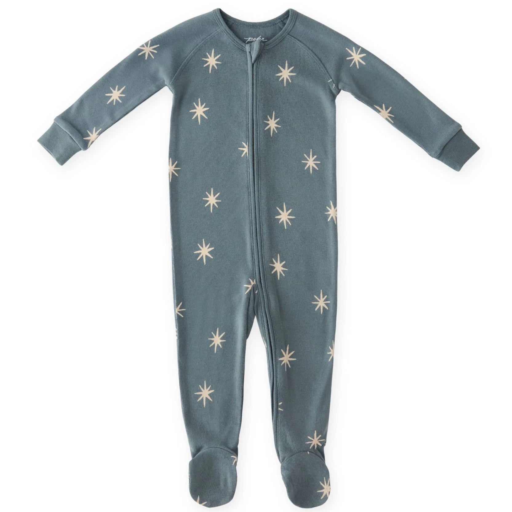 blue baby long sleeve sleeper with white stars