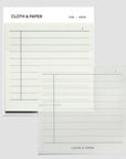 Two sheets of paper with grid lines on a white background, branded 'Cloth & Paper'.