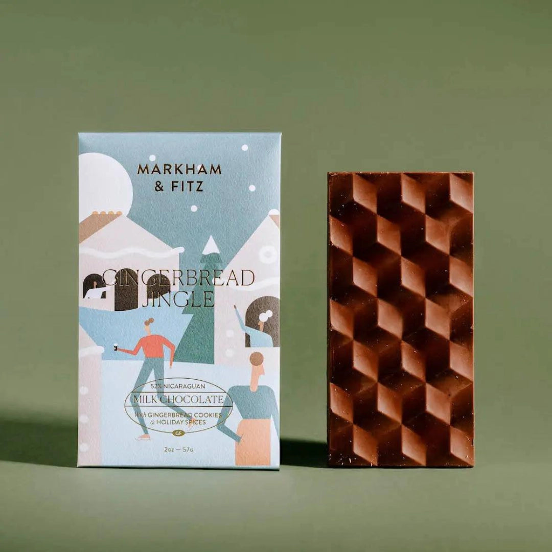 Chocolate bar with geometric pattern and packaging featuring 'Markham & Fitz' on a green background