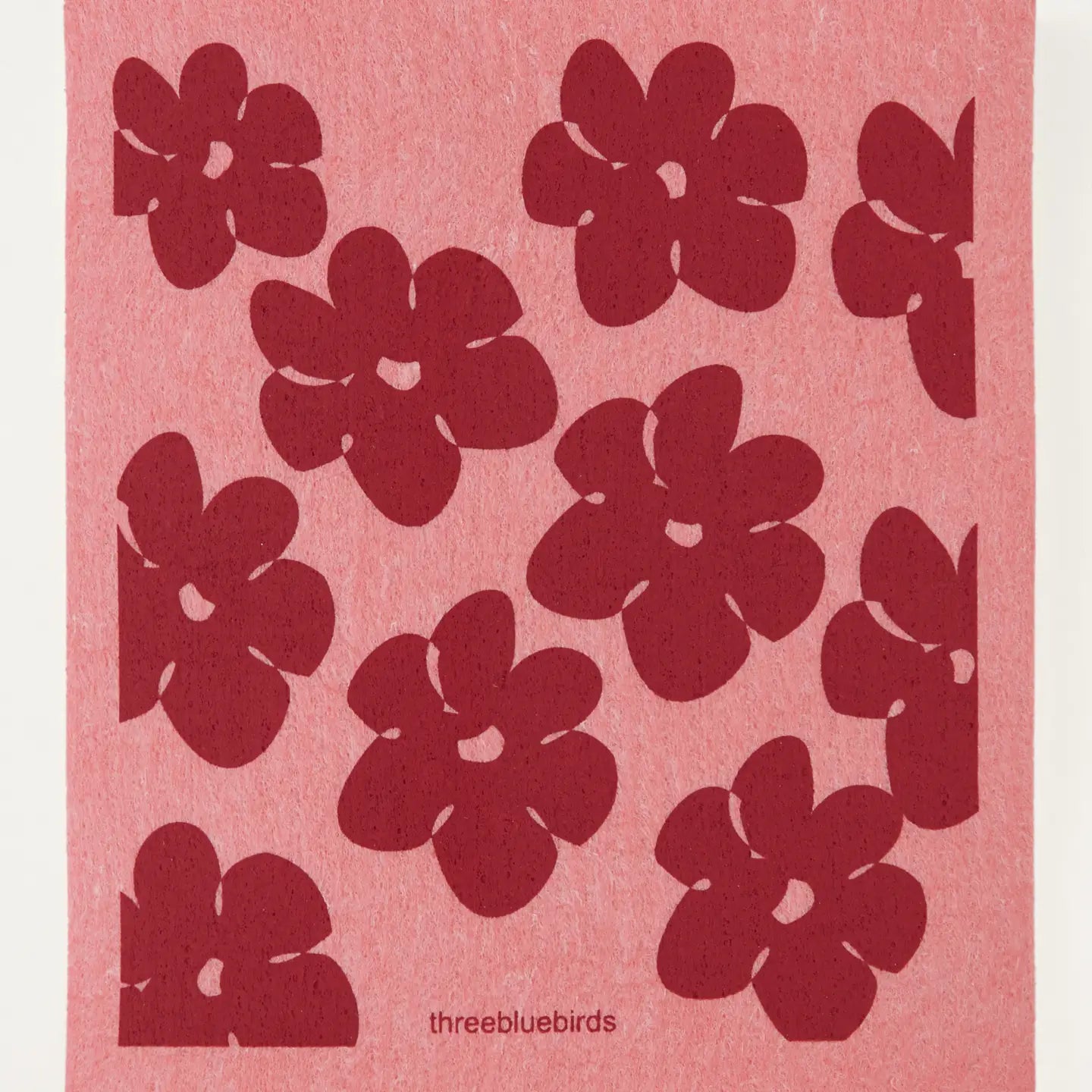 Red floral pattern on a pink background with 'threebluebirds' branding.