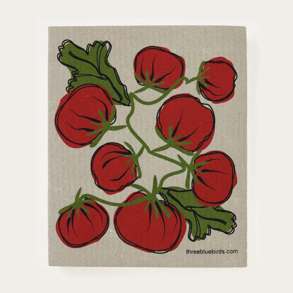 A square art print or book cover featuring a stylized illustration of red tomatoes and green leaves on a light beige background, with the text 'threebluebirds.com' at the bottom right.