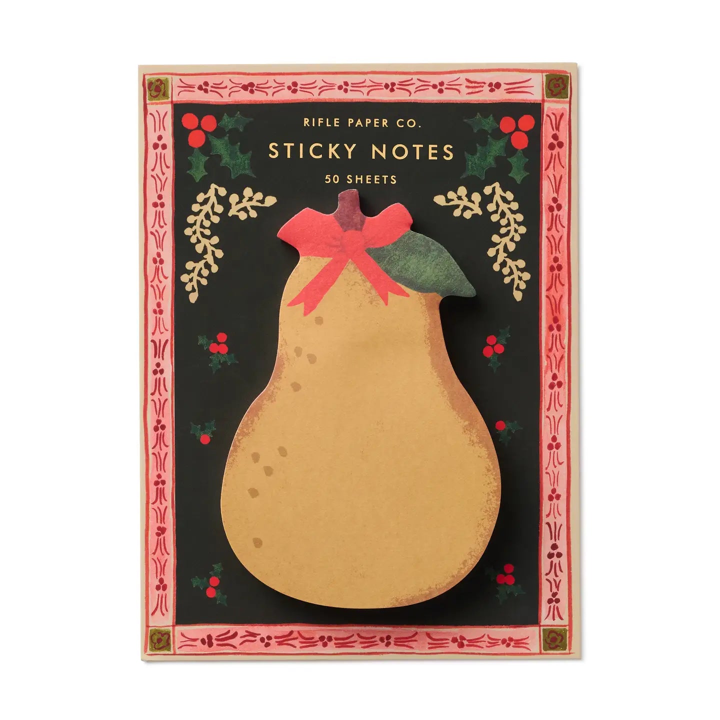 Rifle Paper Co. sticky notes with pear design on a black background