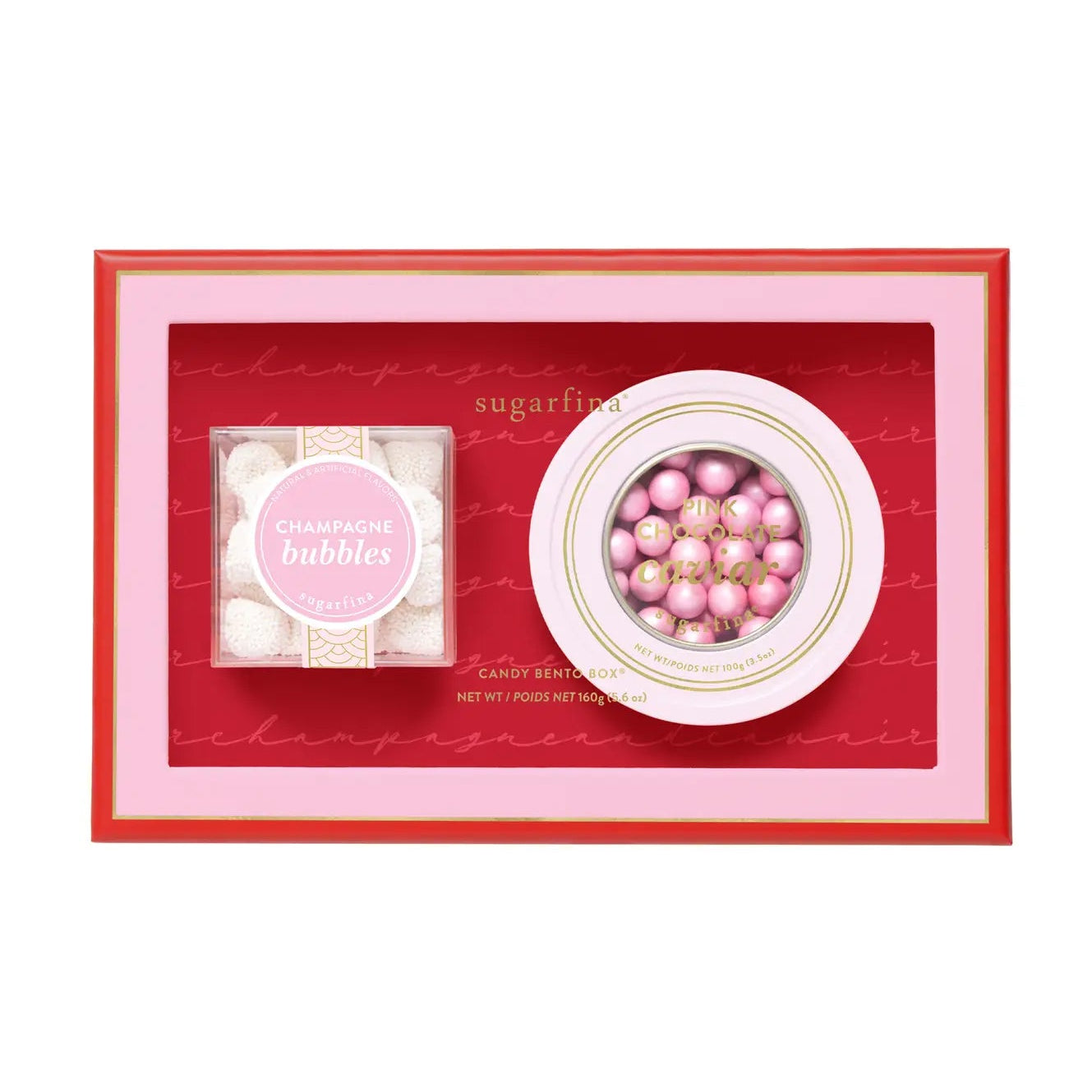 Gift set with 'Champagne Bubbles' and 'Candy Bites' in a decorative box on a white background