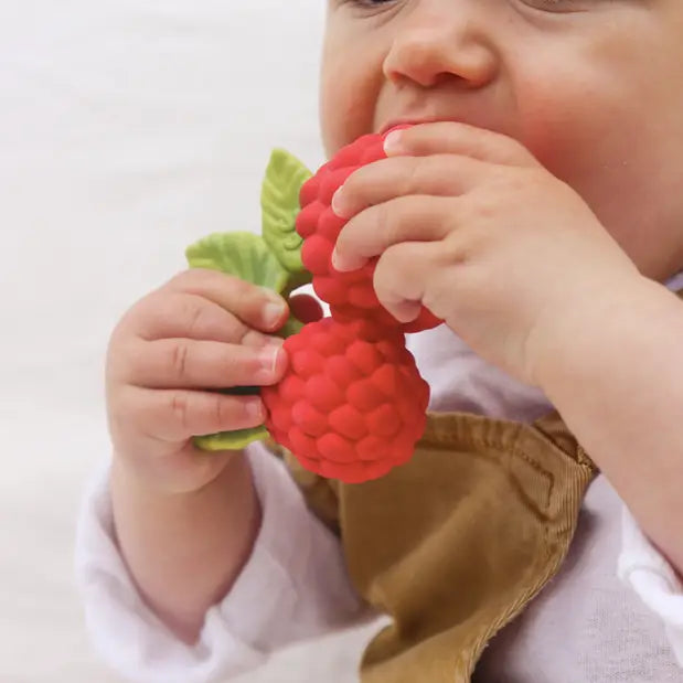 A baby holding and biting a raspberry-shaped teething toy with green leaves, wearing a white shirt and tan bib against a soft white background.