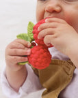A baby holding and biting a raspberry-shaped teething toy with green leaves, wearing a white shirt and tan bib against a soft white background.