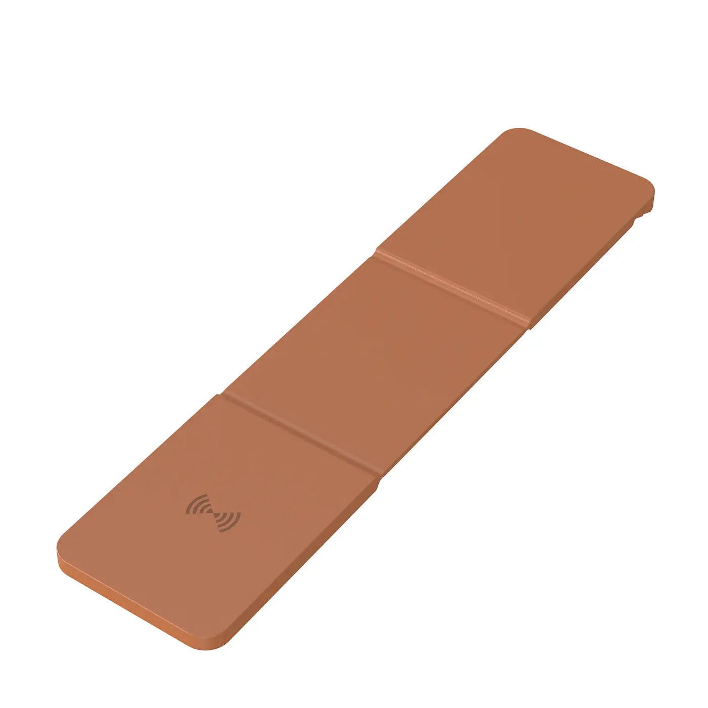 Brown folding mat with wireless charging symbol on a white background