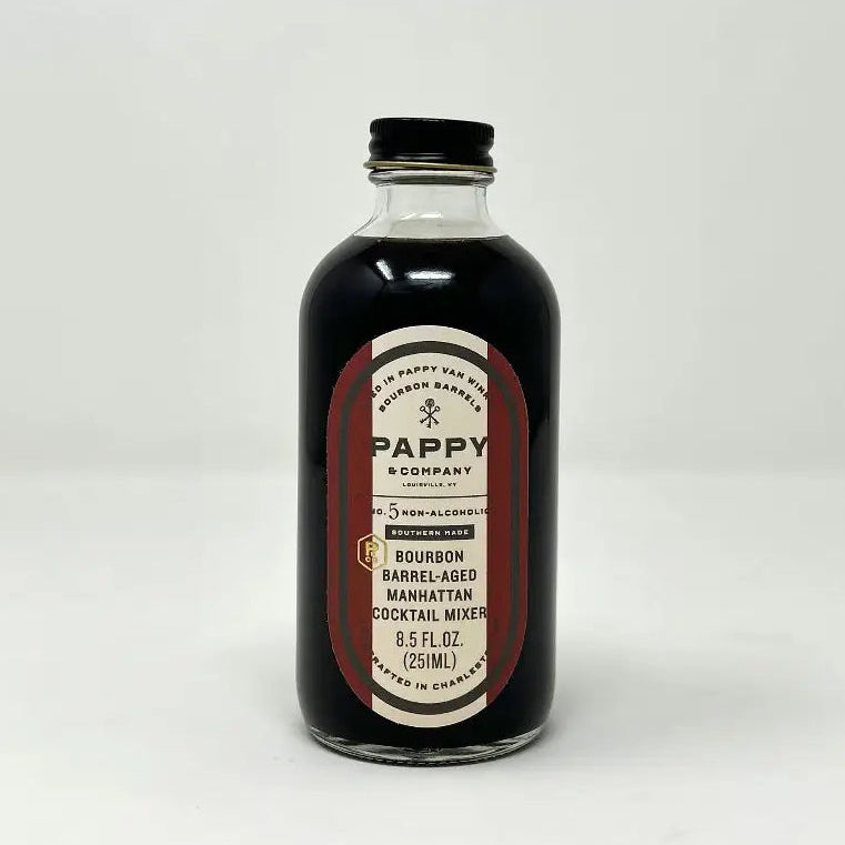 A bottle of Pappy Company Bourbon Barrel-Age Cocktail Mudding Sake, 8.5 fl oz, featuring a dark glass bottle with a black cap and a vintage-style label.