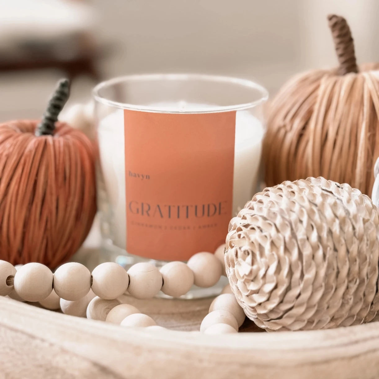 candle from the Havyn brand, labeled "Gratitude." This candle has fragrance notes of cinnamon, cedar, and amber, evoking a warm and cozy atmosphere. candle is styled with autumnal elements such as decorative pumpkins and wooden beads, suggesting it’s suitable for seasonal décor, likely for fall or Thanksgiving. 