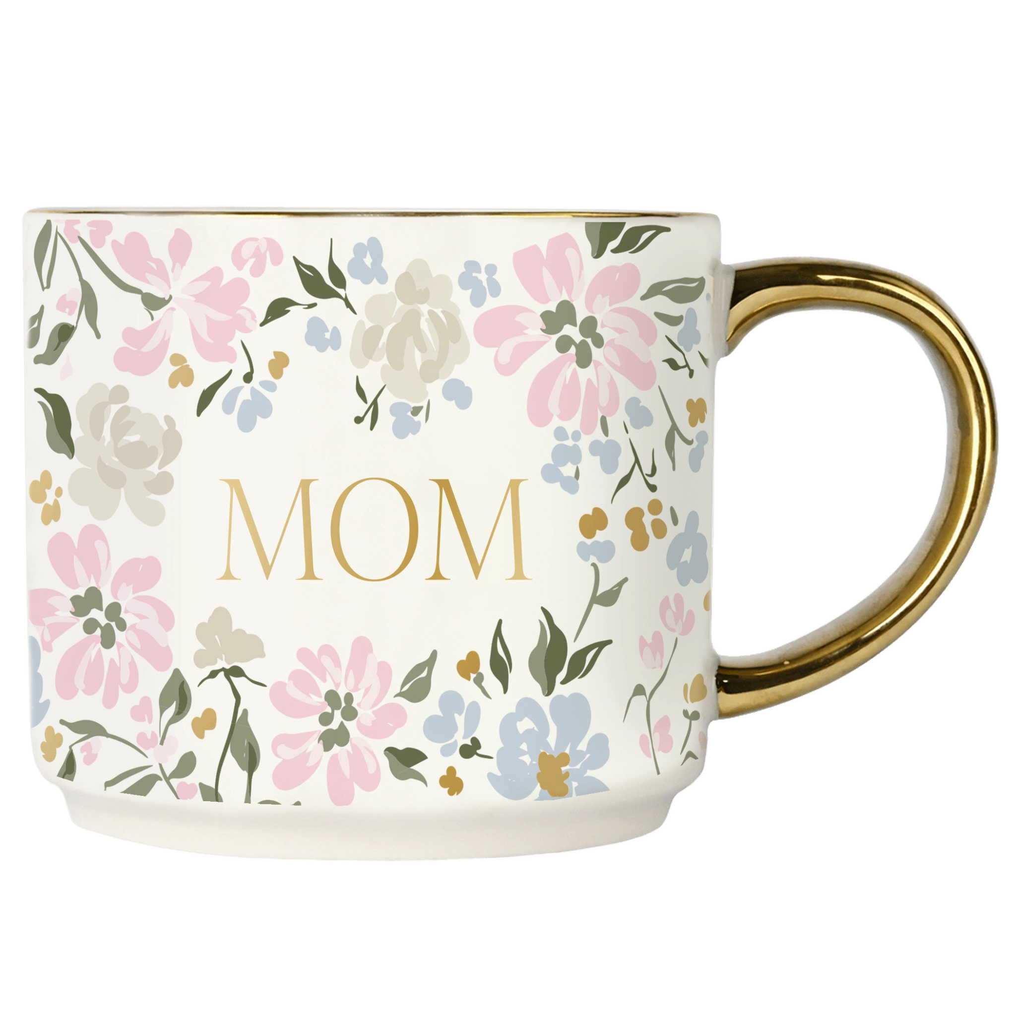 Mug with floral design and 'Mom' text on a white background